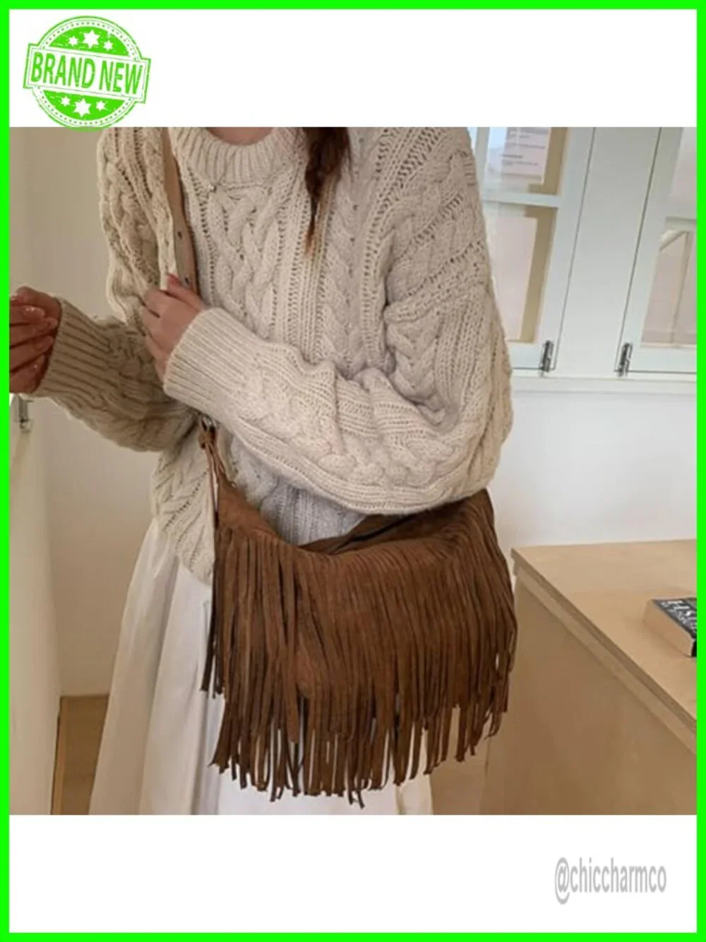 Boho Fringe Hobo Bag, Suede Leather Crossbody Shoulder Bag with Adjustable Strap